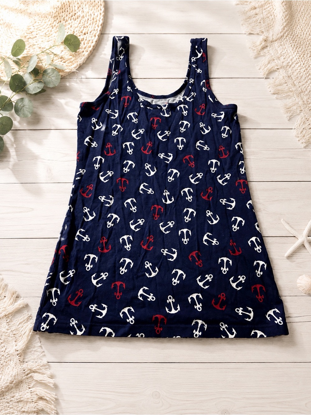 No Boundaries Navy Tank Top with White and Red Anchor Print